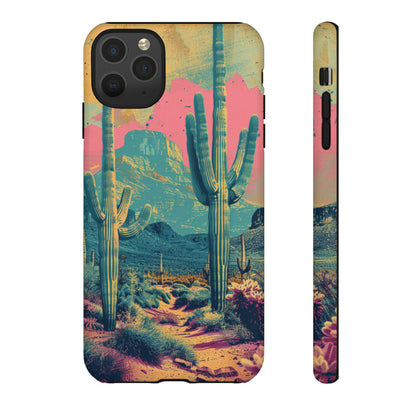 Desert Oasis Retro Cactus Phone Case - Vibrant Sunset Landscape for iPhone 15/14/13/12, Samsung S24/S23/S22/S21, & Google Pixel