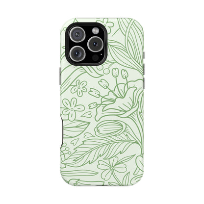 Sage Green Floral Line Art Tough MagSafe iPhone Case – Minimalist Botanical Design with Dual-Layer Protection