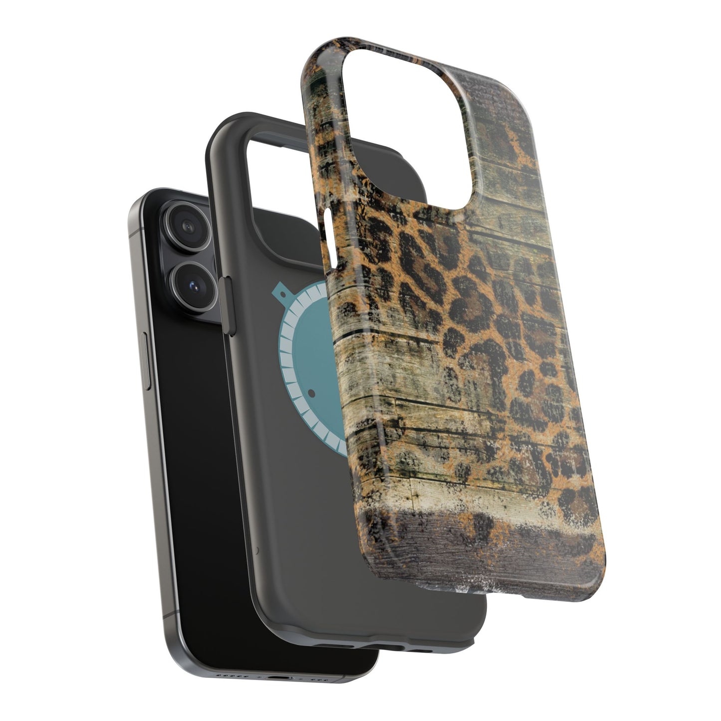 Rustic Wood and Leopard Print Tough MagSafe iPhone Case – Distressed Western Design with Dual-Layer Protection