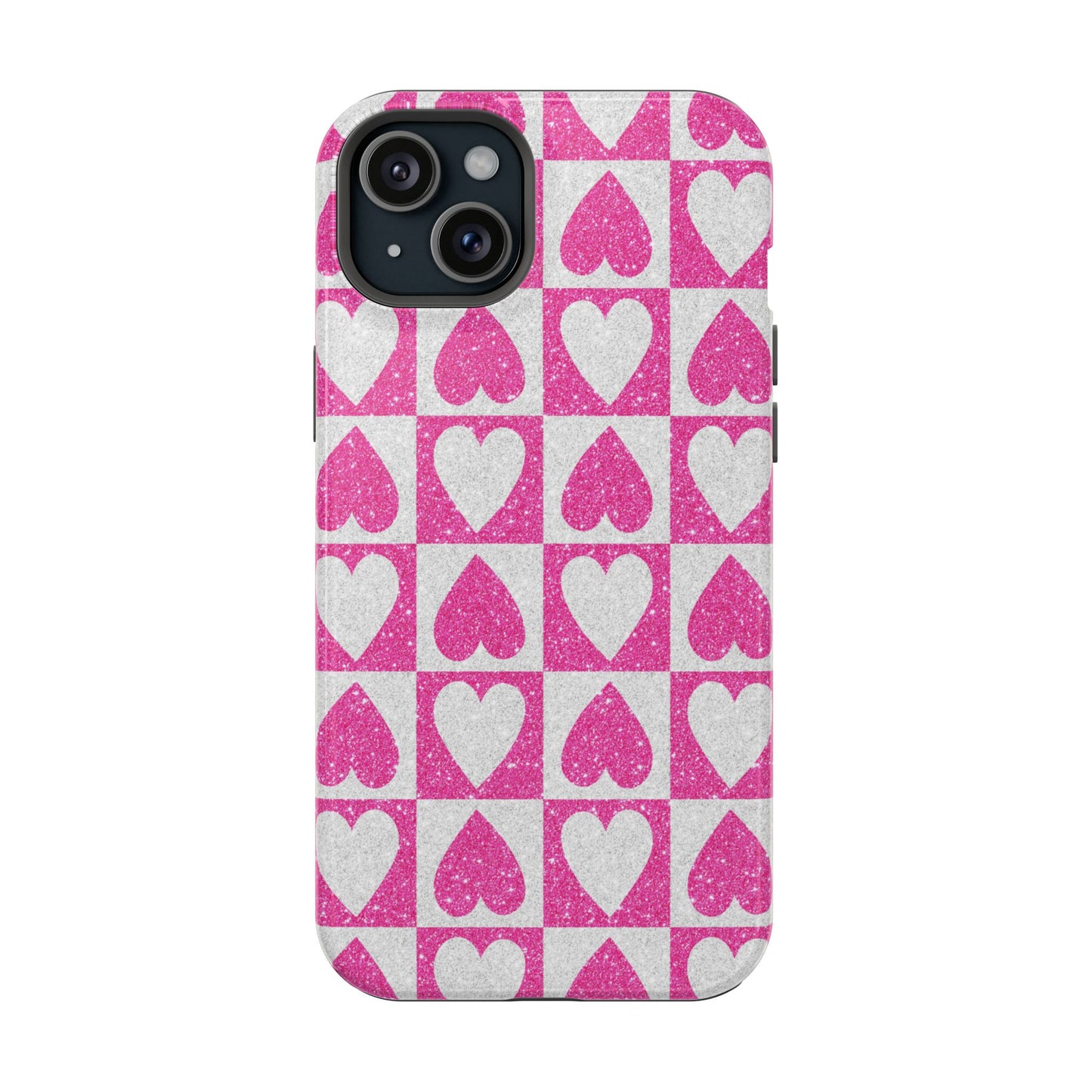 Pink Glitter Heart Checkered Pattern MagSafe Case