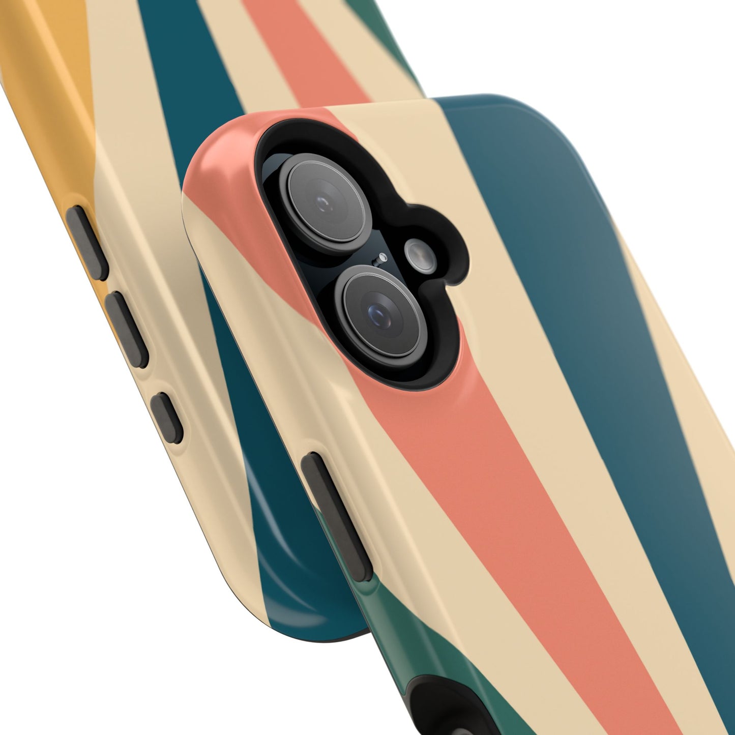 Retro Sunbeam MagSafe iPhone Case – 70s-Inspired Radiating Stripes in Coral, Teal, and Mustard