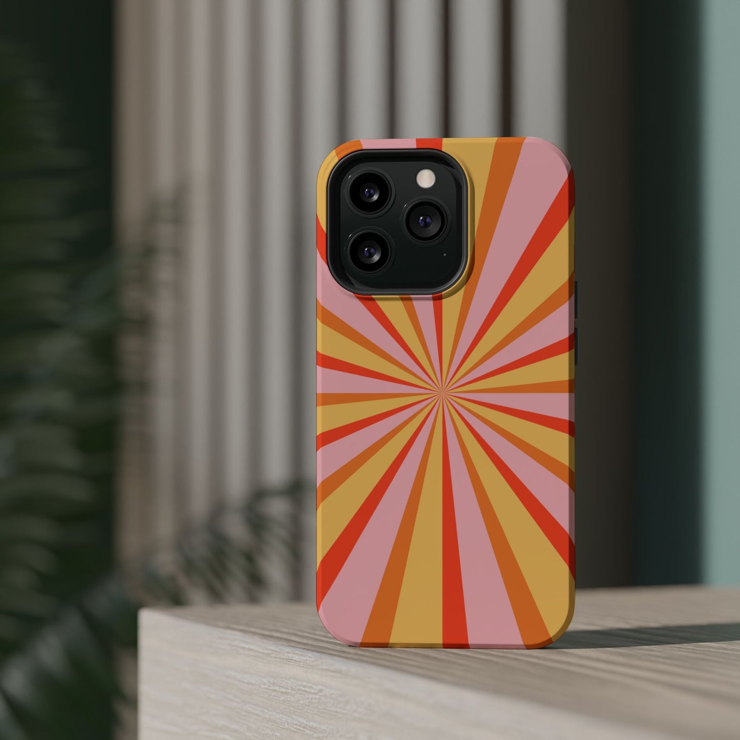 Bold Retro Sunburst MagSafe iPhone Case – Vibrant 70s-Inspired Rays in Orange, Pink, and Yellow