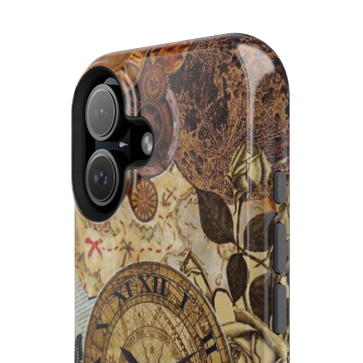 Steampunk Vintage Adventure MagSafe iPhone Case – Dual-Layer Protection with Antique Map and Clock Design