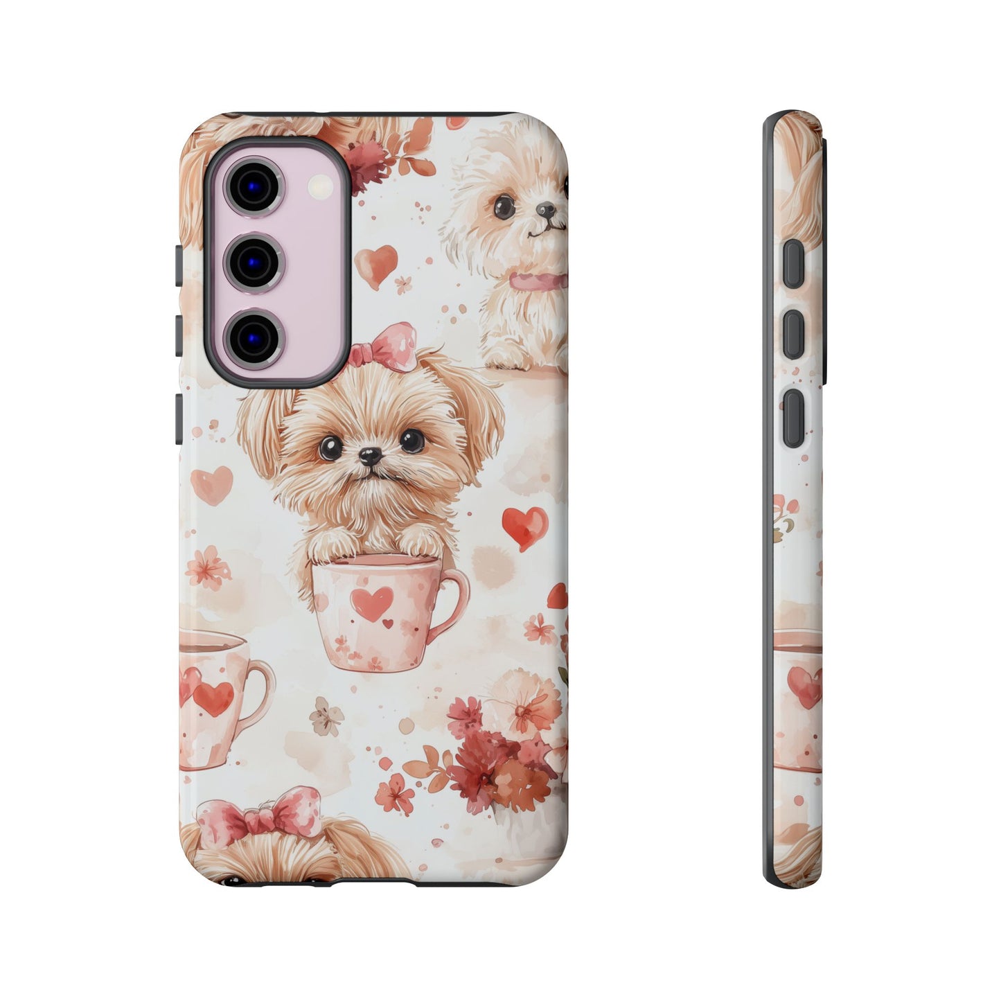 Puppies & Heart Mugs Samsung Galaxy Case – Sweet Dog & Floral Design, Shockproof & Slim