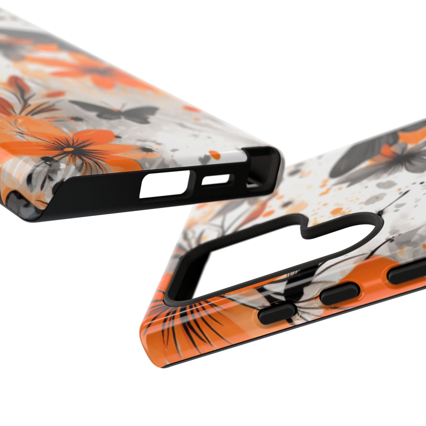 Orange Blossom & Black Butterfly Samsung Galaxy Case – Bold Floral Pattern with Modern Abstract Style