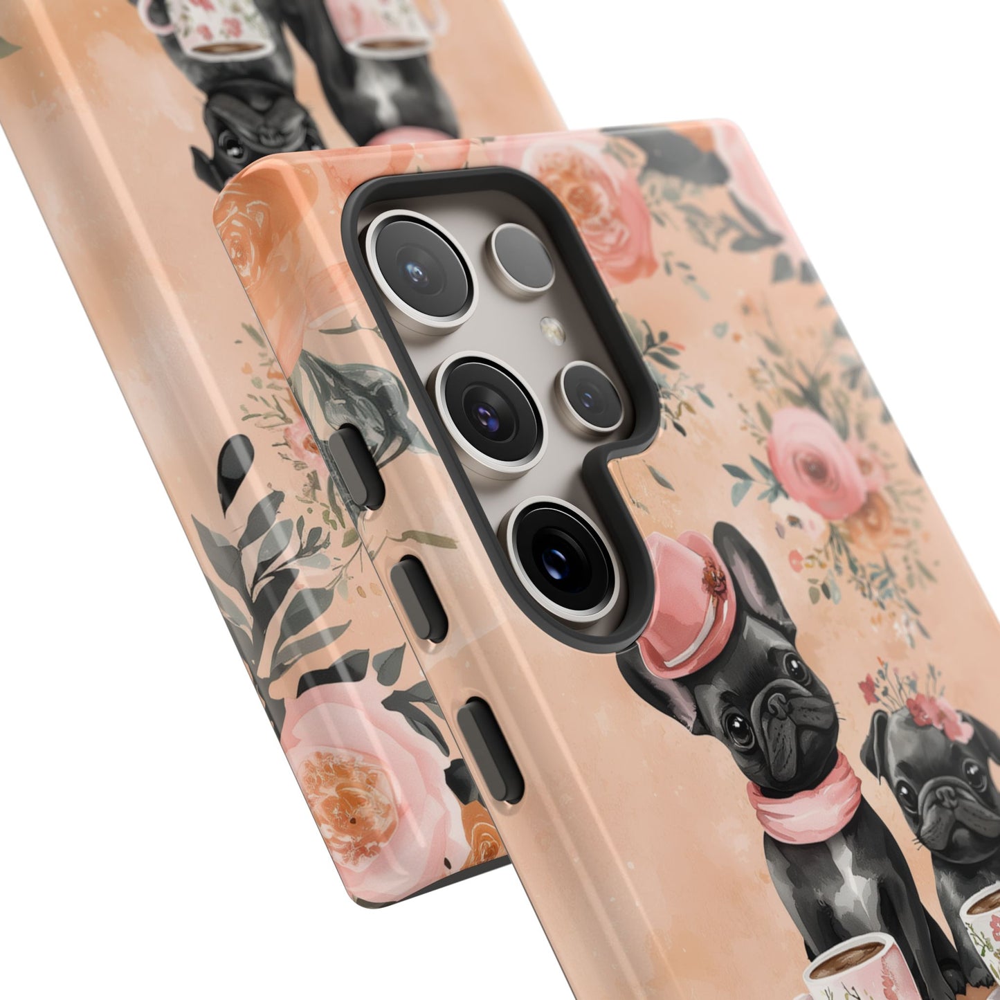 Floral French Bulldogs Samsung Galaxy Case – Elegant Dog Design with Tea Cups & Roses, Shockproof Protection - BOGO Cases