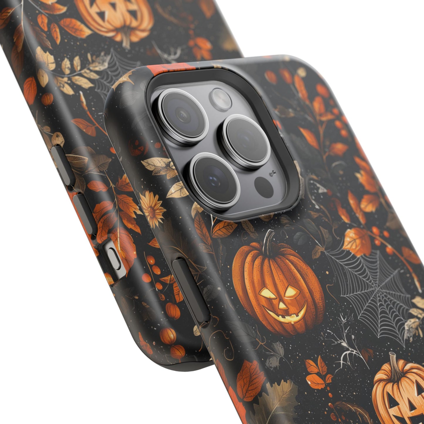 Elegant Halloween MagSafe iPhone Case – Pumpkin Jack-o'-Lanterns, Cobwebs & Autumn Foliage Design