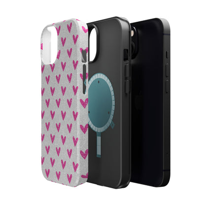 Pink Hearts on Glitter Silver – MagSafe iPhone Case