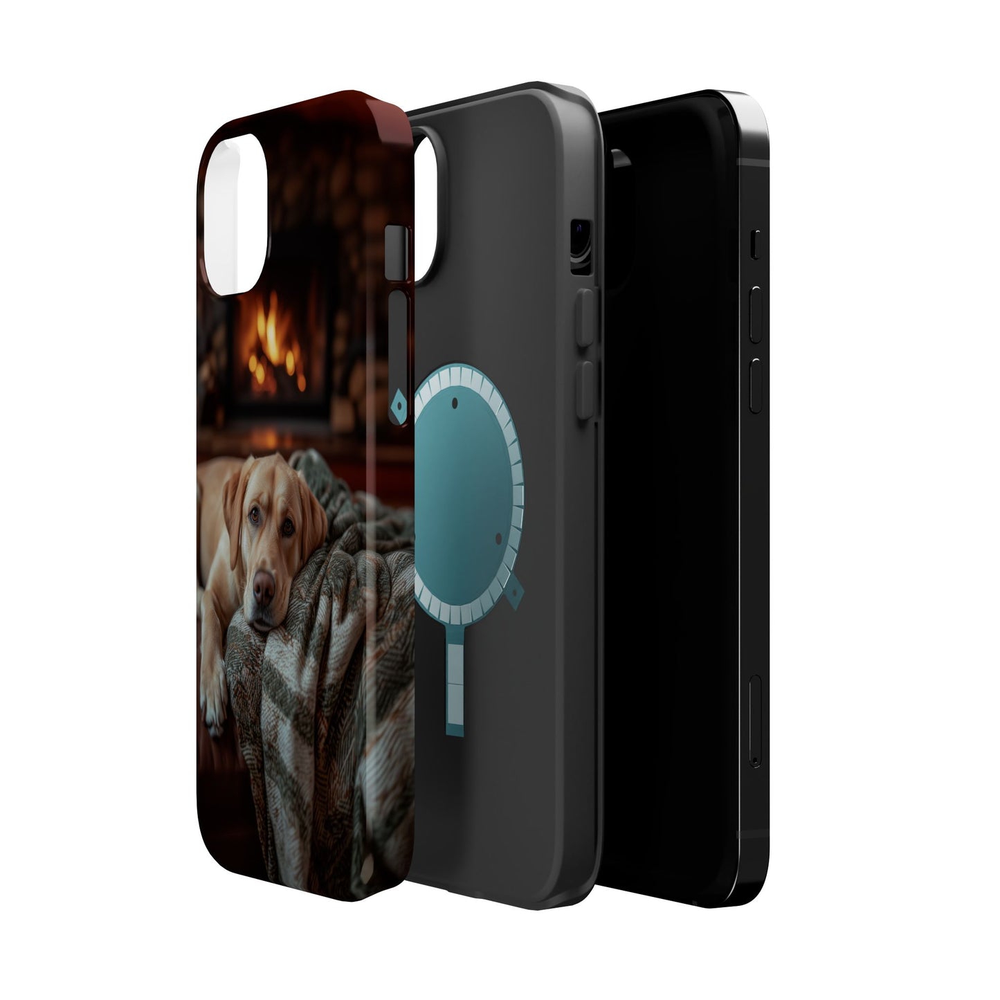 Cozy Labrador by Fireplace MagSafe iPhone Case – Rustic Cabin Protective Cover