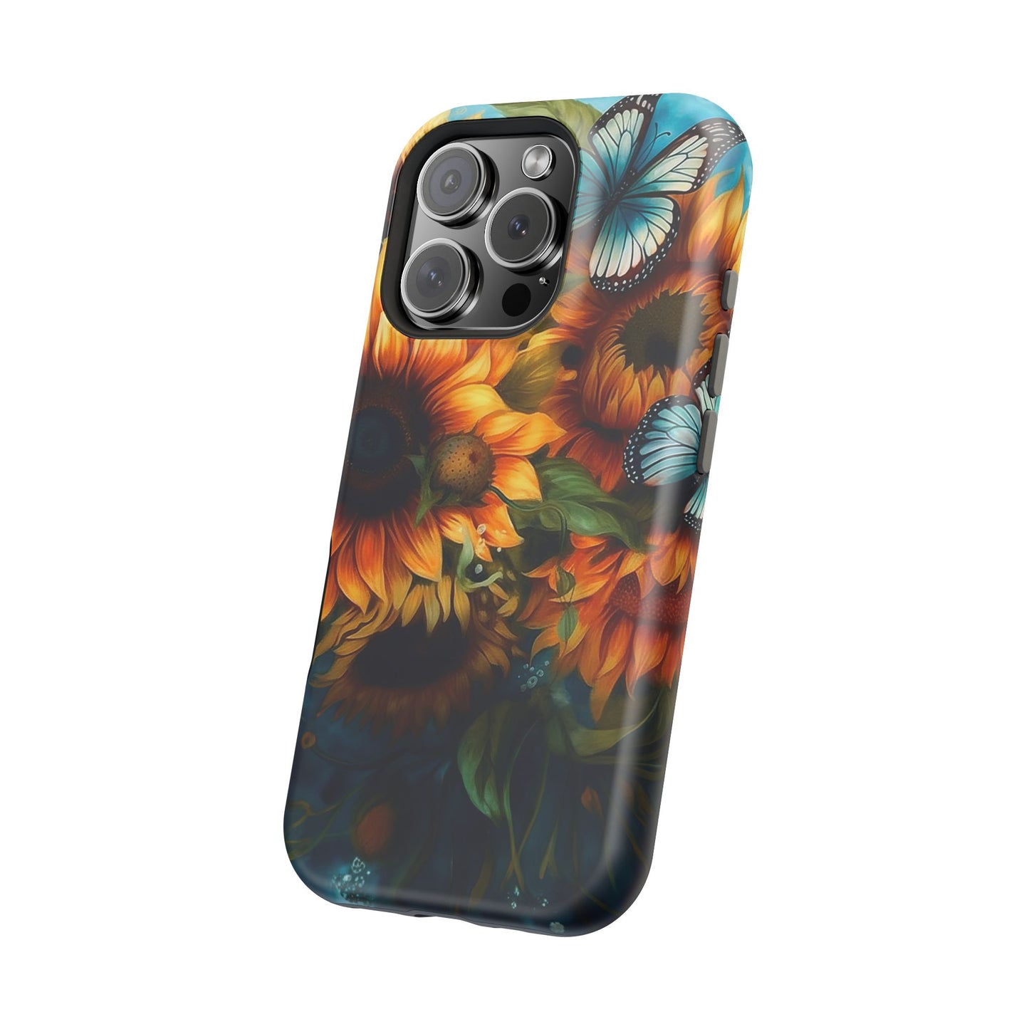 Aqua Blue Butterfly & Sunflower Art – MagSafe iPhone Case