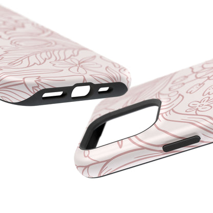 Blush Floral Line Art Tough MagSafe iPhone Case – Delicate Minimalist Design with Dual-Layer Protection