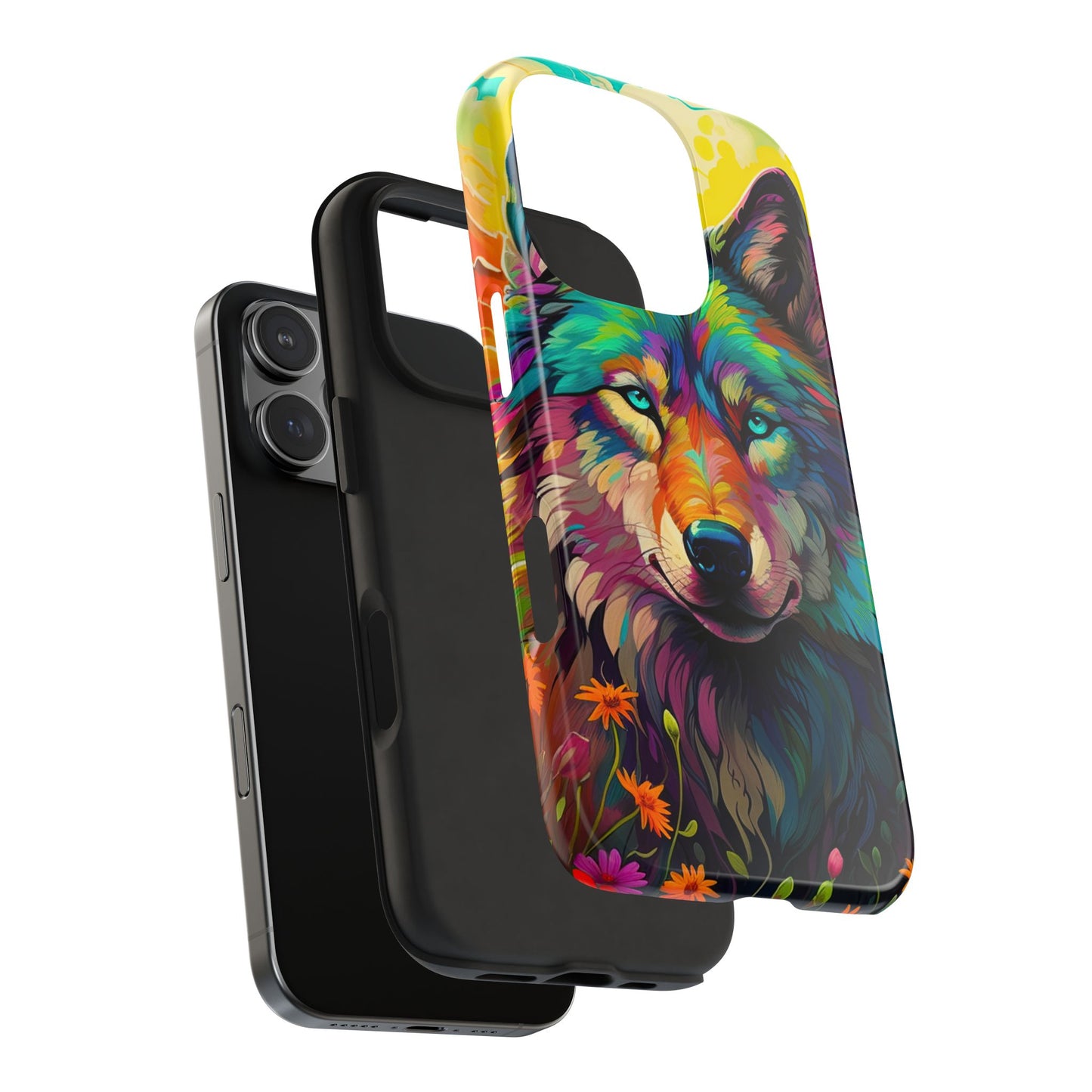 Rainbow Wolf in Bloom – iPhone Case with Vivid Nature Design