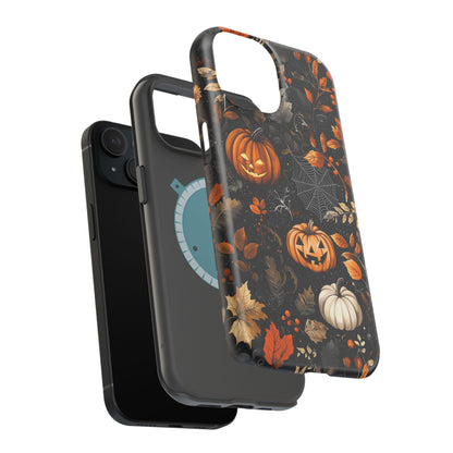 Elegant Halloween MagSafe iPhone Case – Pumpkin Jack-o'-Lanterns, Cobwebs & Autumn Foliage Design