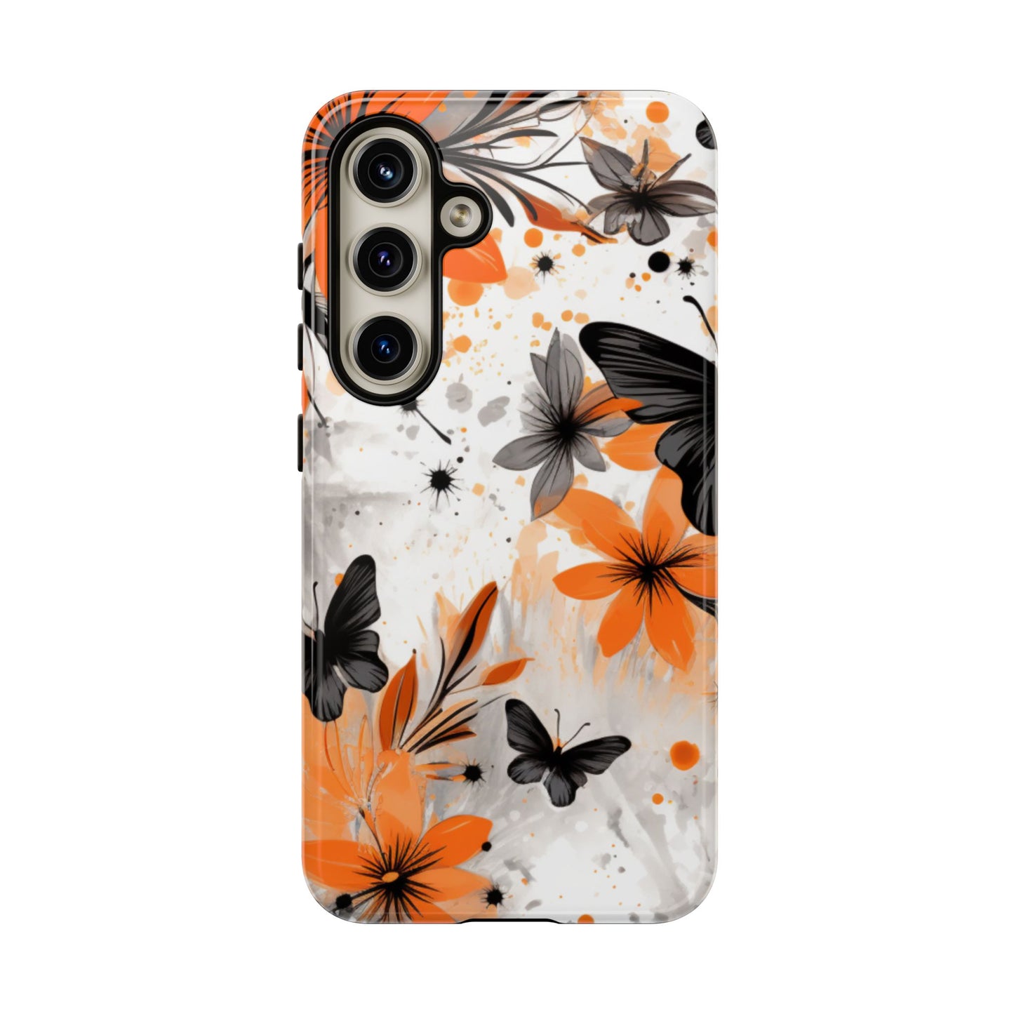 Orange Blossom & Black Butterfly Samsung Galaxy Case – Bold Floral Pattern with Modern Abstract Style
