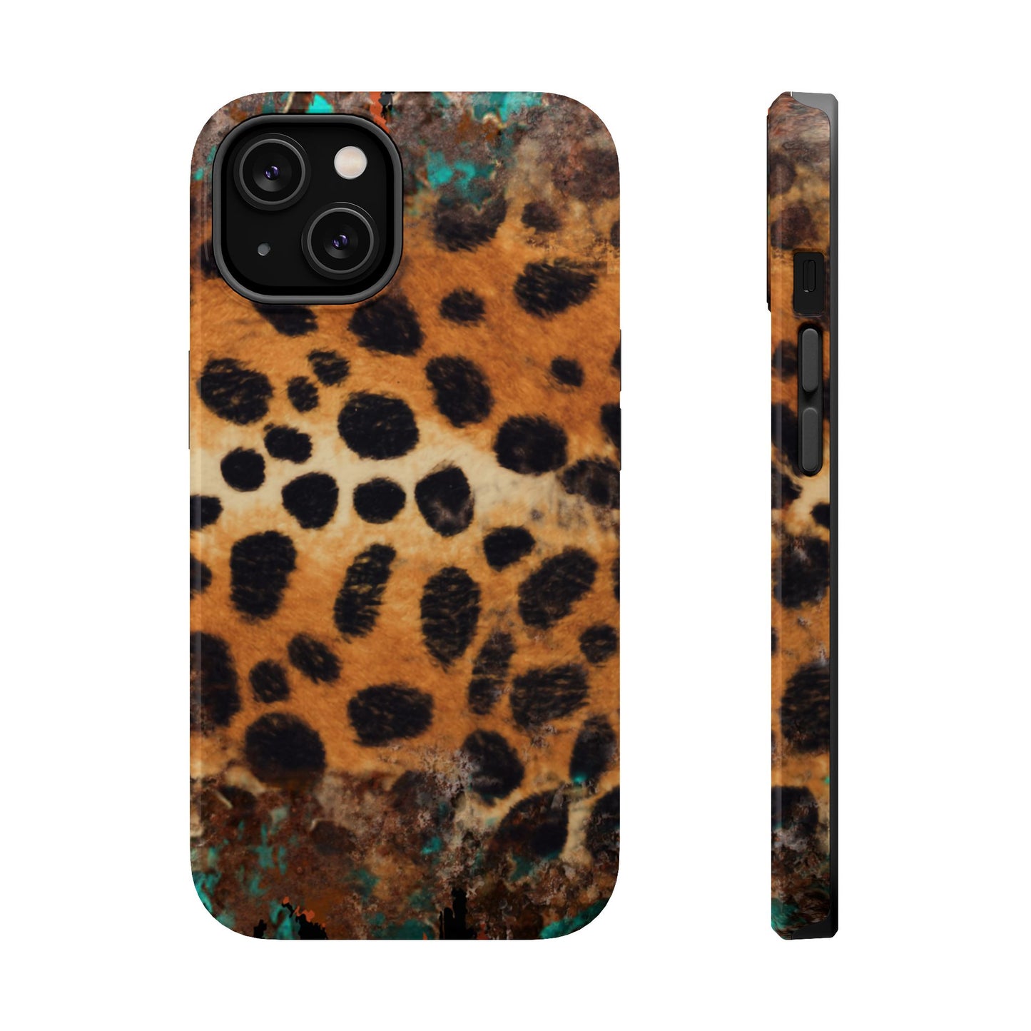 Rustic Leopard Print Tough MagSafe iPhone Case – Distressed Turquoise and Animal Pattern with Dual-Layer Protection