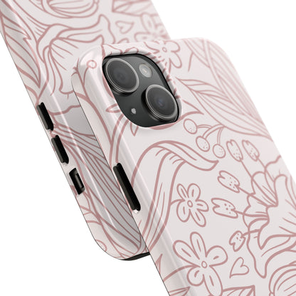 Blush Floral Line Art Tough iPhone Case – Delicate Minimalist Design with Dual-Layer Protection