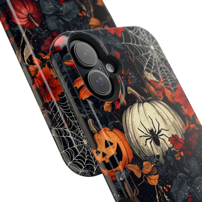 Hauntingly Elegant Halloween MagSafe iPhone Case – Pumpkins, Spiders, and Autumn Leaves Design