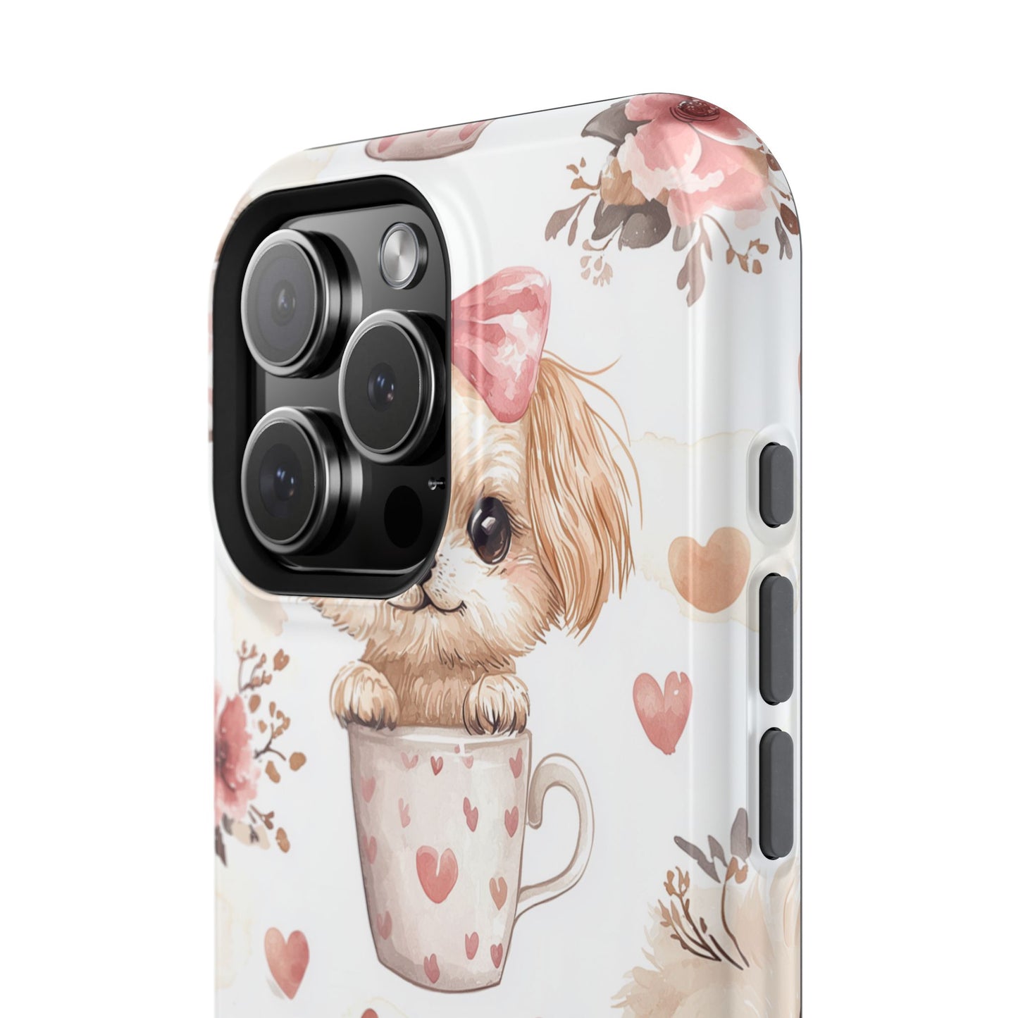 Cute Puppies in Heart MagSafe iPhone Case – Adorable Dog & Floral Design, Shockproof & Slim