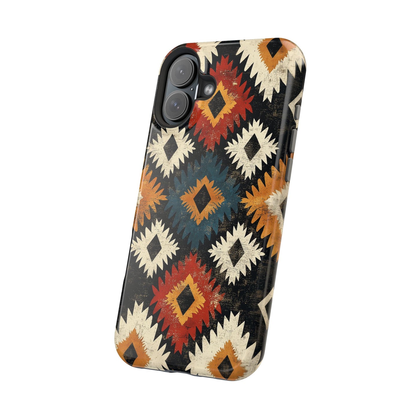 Rustic Tribal Sunburst Tough MagSafe iPhone Case – Vibrant Geometric Design, Dual-Layer Protection