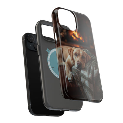 Cozy Labrador by Fireplace MagSafe iPhone Case – Rustic Cabin Protective Cover