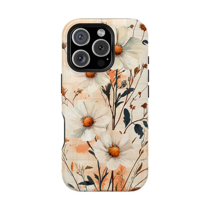 Pastel Orange Floral MagSafe iPhone Case - Elegant Plaid Protective Cover