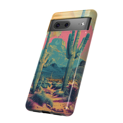 Desert Oasis Retro Cactus Phone Case - Vibrant Sunset Landscape for iPhone 15/14/13/12, Samsung S24/S23/S22/S21, & Google Pixel