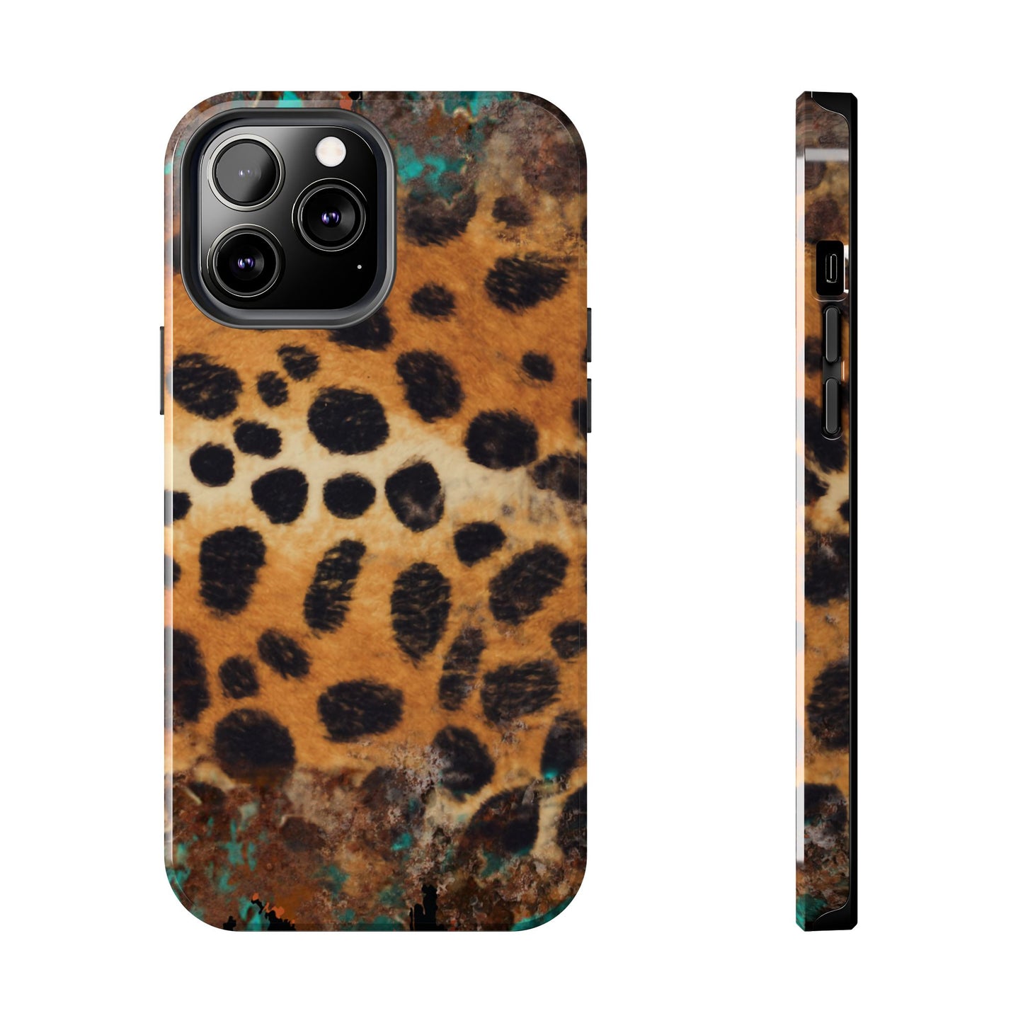 Rustic Leopard Print Tough iPhone Case – Distressed Turquoise and Animal Pattern with Dual-Layer Protection