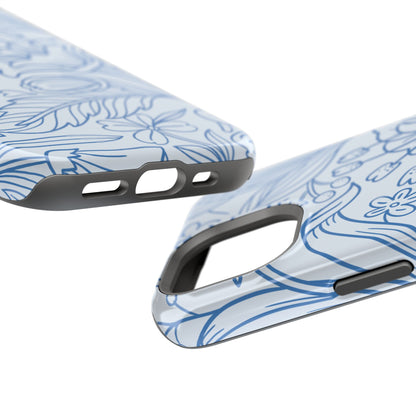 Dusty Blue Floral Line Art Tough MagSafe iPhone Case – Minimalist Botanical Design with Dual-Layer Protection