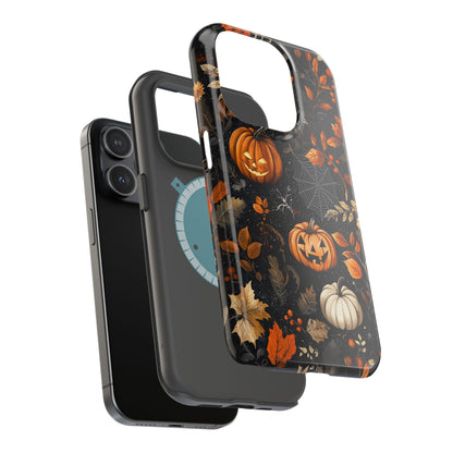 Elegant Halloween MagSafe iPhone Case – Pumpkin Jack-o'-Lanterns, Cobwebs & Autumn Foliage Design