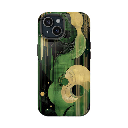 Abstract Green & Gold MagSafe iPhone Case - Geometric Art Deco Protective Cover