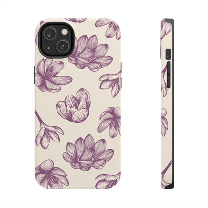 Vintage Botanical Floral Tough iPhone Case – Hand - Drawn Purple Flowers, Shockproof Design - BOGO Cases