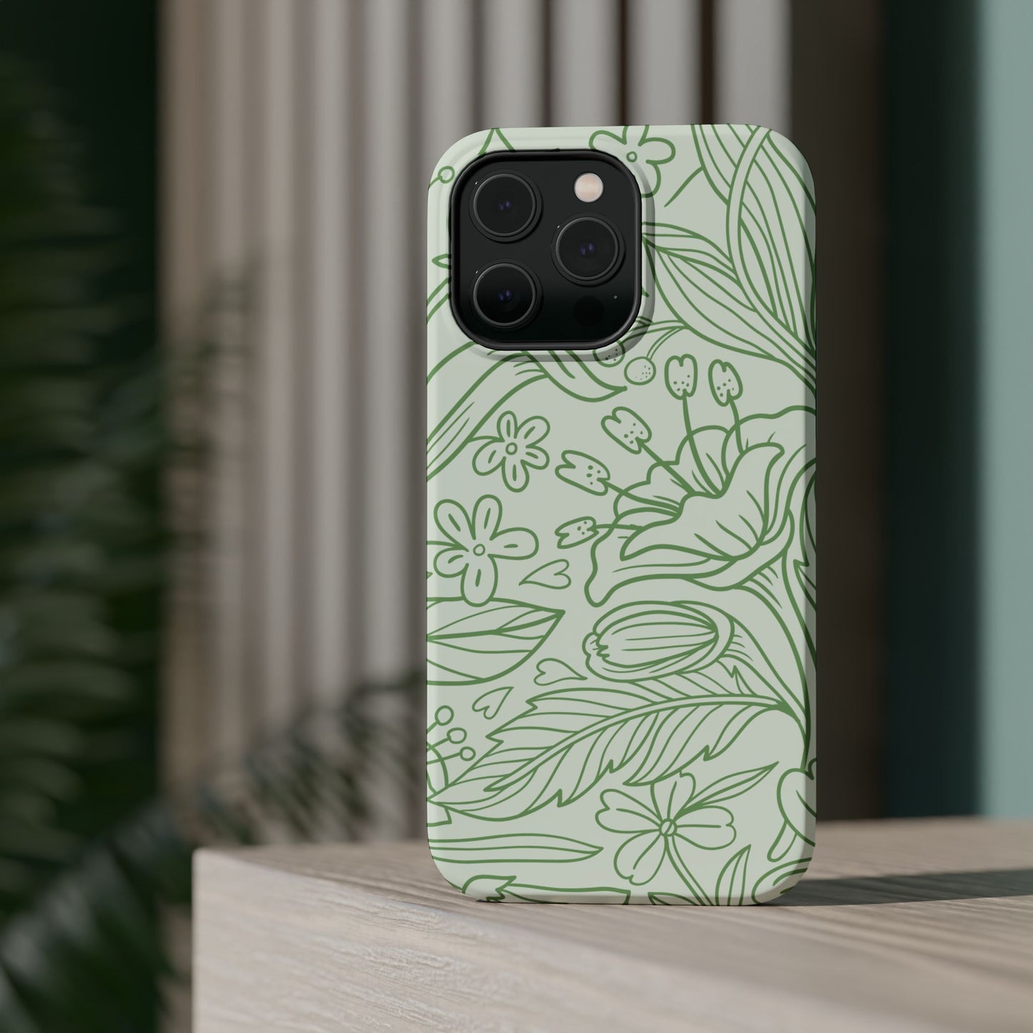 Sage Green Floral Line Art Tough MagSafe iPhone Case – Minimalist Botanical Design with Dual-Layer Protection