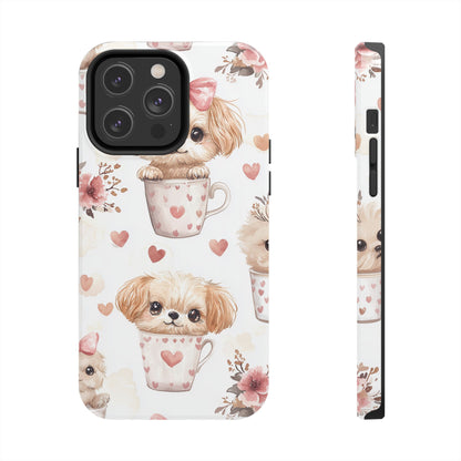 Cute Puppies in Heart Mugs iPhone Case – Adorable Dog & Floral Design, Shockproof & Slim - BOGO Cases