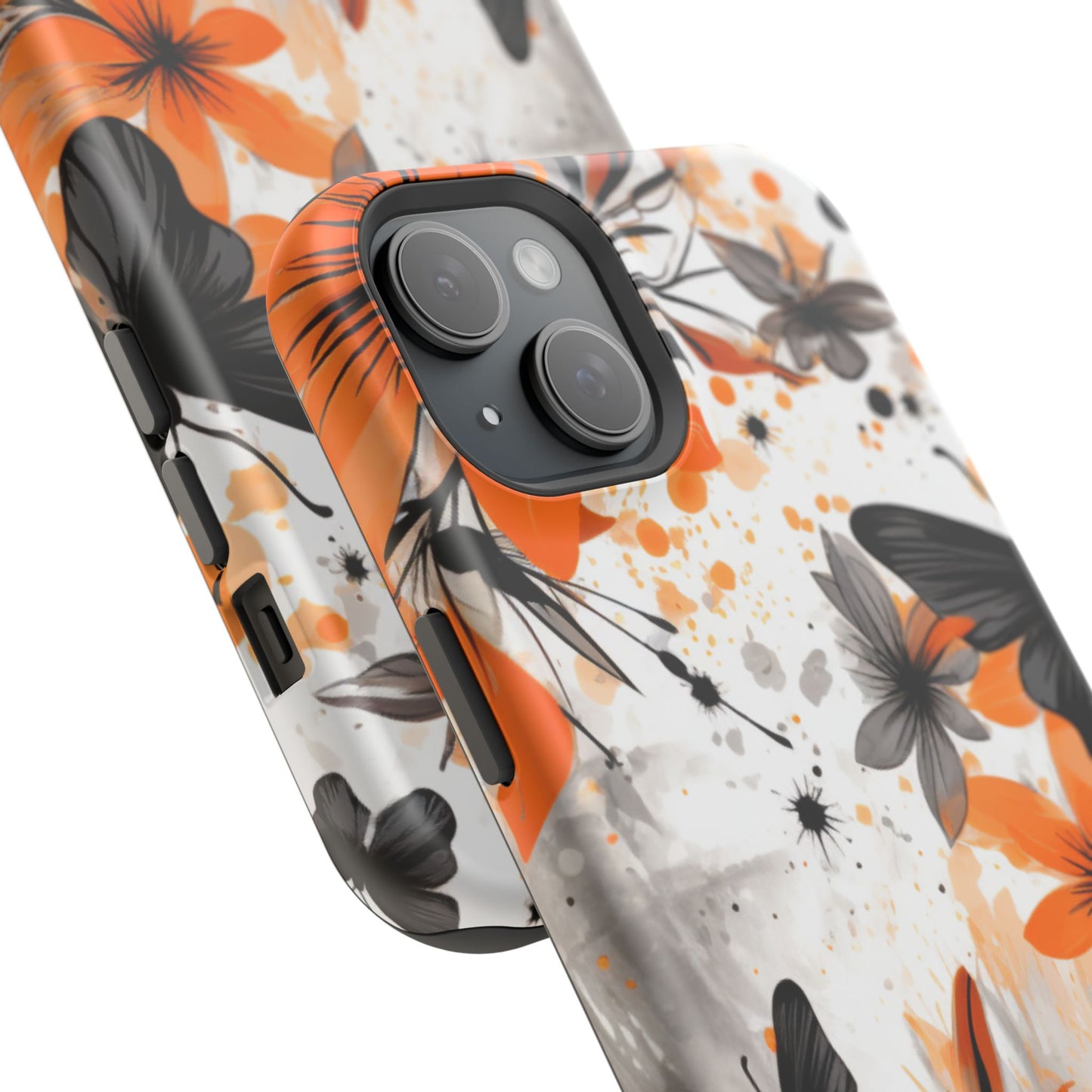 Orange Blossom & Black Butterfly MagSafe iPhone Case – Bold Floral Pattern with Modern Abstract Style