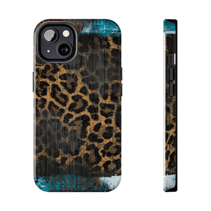 Boho Leopard and Turquoise Tough iPhone Case – Rustic Western Design with Dual-Layer Protection