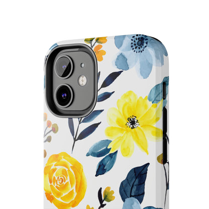 Golden Yellow & Sky Blue Floral – Watercolor Botanical iPhone Case