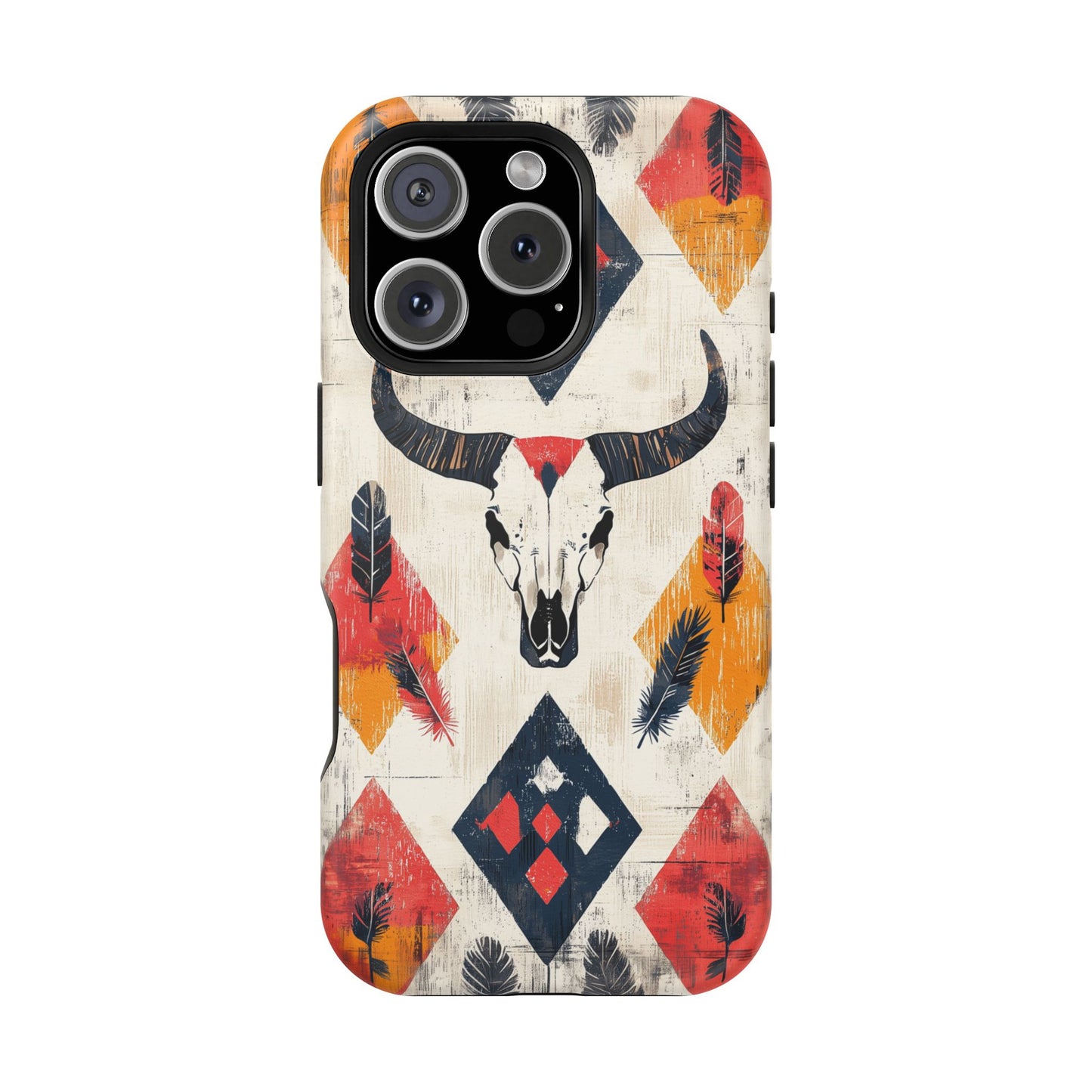 Western Bull Skull & Feathers Tough Mag Safe iPhone Case – Bold Tribal Design, Dual-Layer Protection