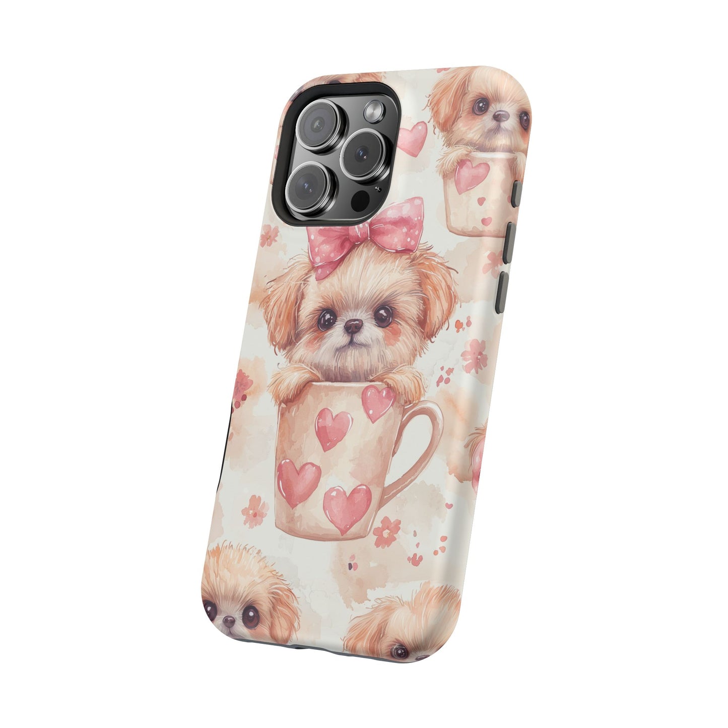 Adorable Puppy in Teacup MagSafe iPhone Case – Tough, Dual-Layer Protection with Cute Pink Bow Design