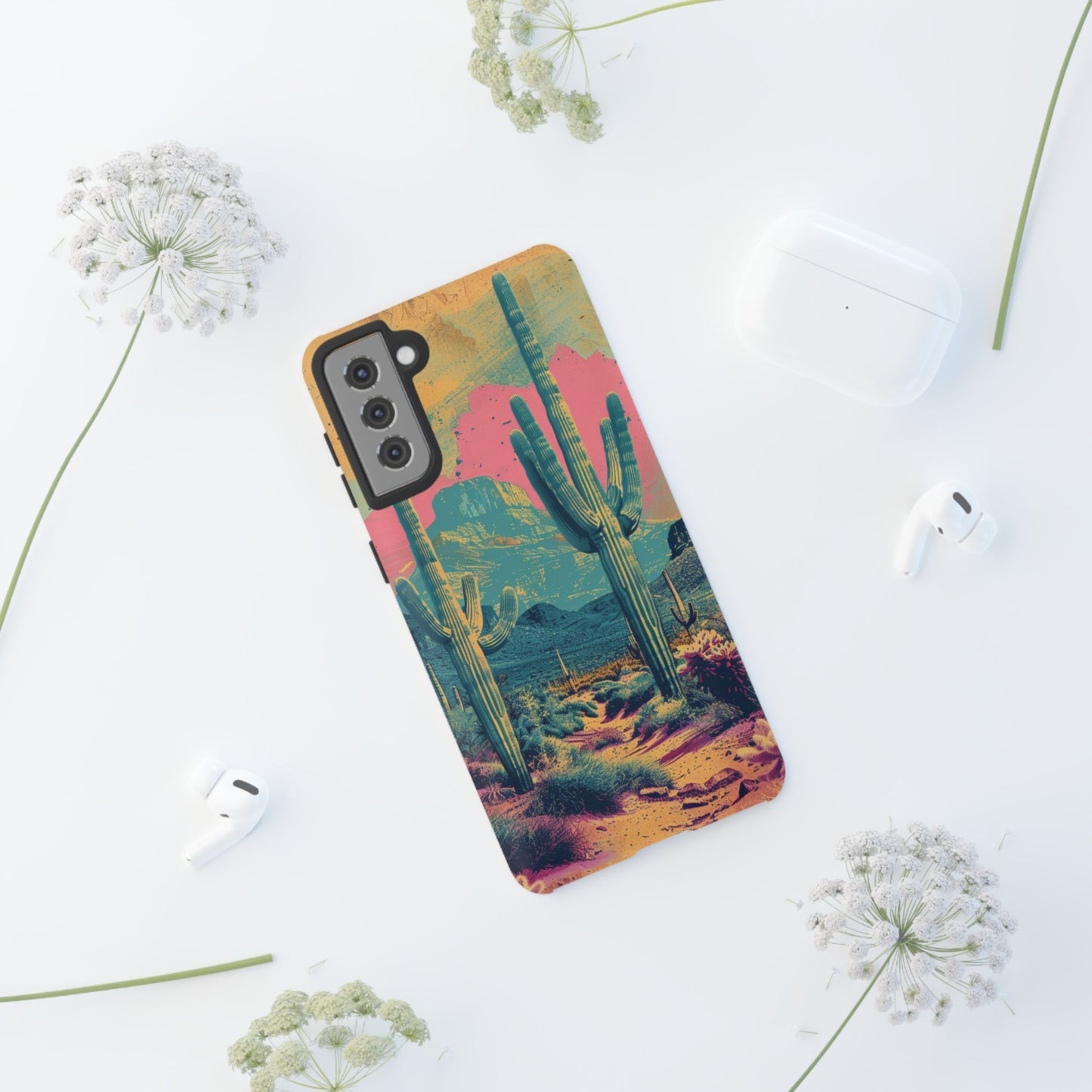 Desert Oasis Retro Cactus Phone Case - Vibrant Sunset Landscape for iPhone 15/14/13/12, Samsung S24/S23/S22/S21, & Google Pixel