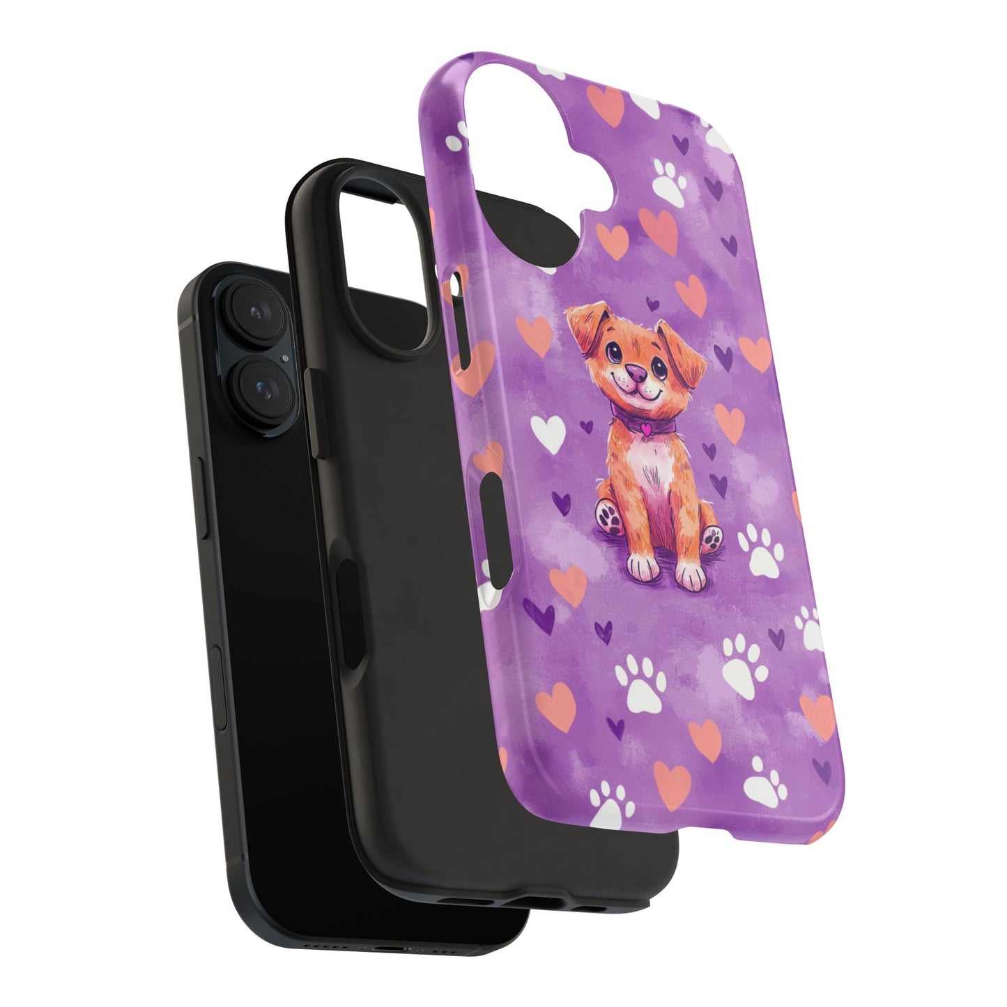 Cute Puppy iPhone Case - Adorable Pet Design with Hearts & Paw Prints, Protective Cover