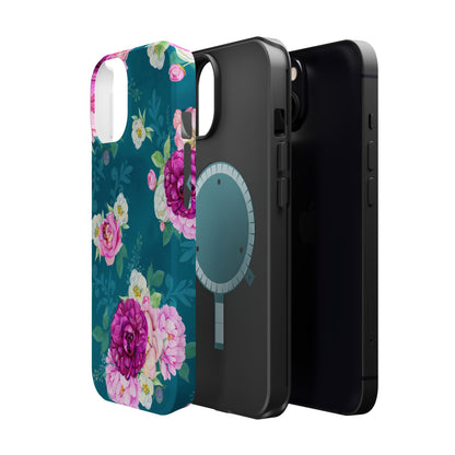 Elegant Peony Bouquet MagSafe iPhone Case – Deep Teal Background with Romantic Floral Design