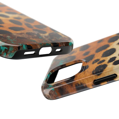 Rustic Leopard Print Tough iPhone Case – Distressed Turquoise and Animal Pattern with Dual-Layer Protection