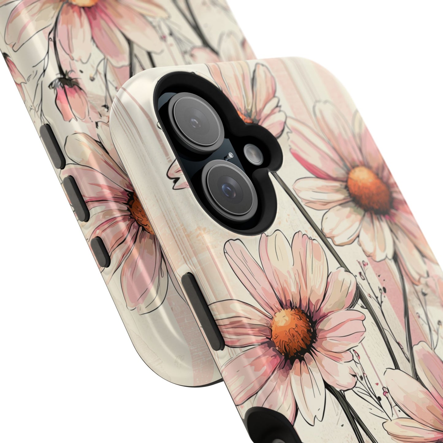 Pastel Pink Daisy MagSafe iPhone Case - Elegant Floral Plaid Protective Cover