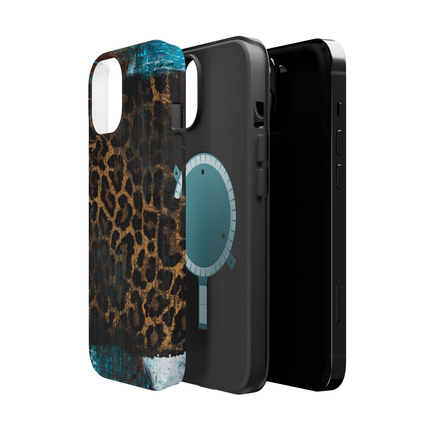 Boho Leopard and Turquoise Tough MagSafe iPhone Case – Rustic Western Design with Dual-Layer Protection