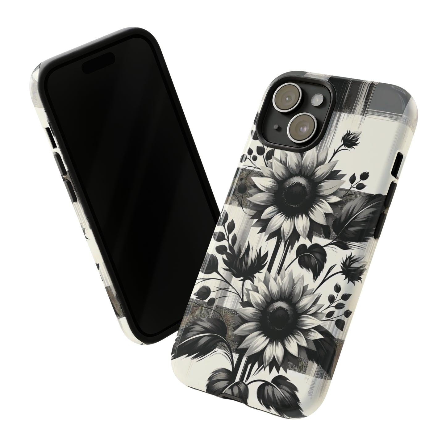 Black/White Sunflower Plaid Phone Case - Chic Noir Sunflower Plaid - Premium Protective Phone Case For iPhone, Samsung Galaxy, & Google.