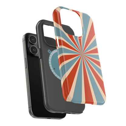 Vintage Blue & Red Sunburst MagSafe iPhone Case – Bold Geometric Pattern, Shock-Resistant Cover