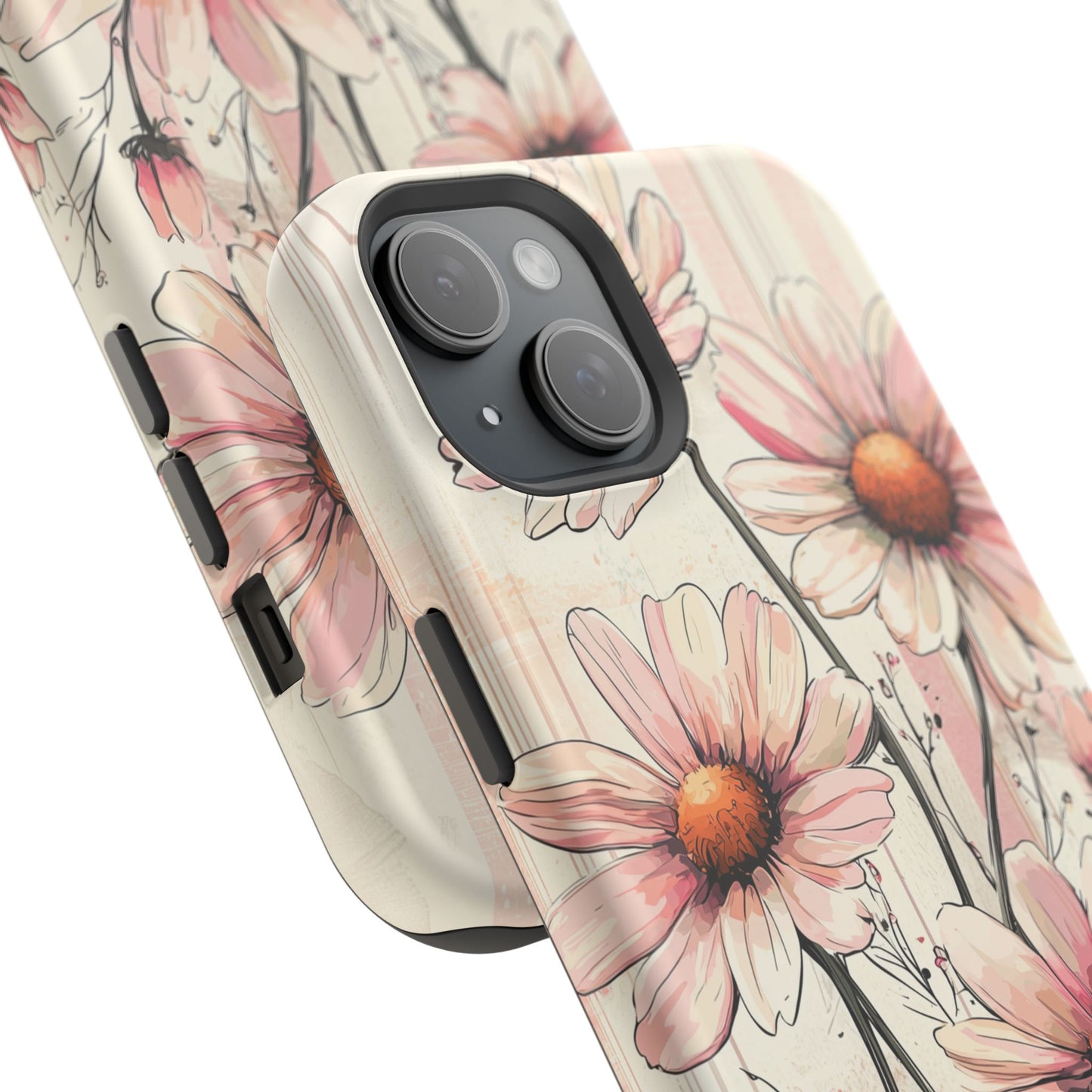 Pastel Pink Daisy MagSafe iPhone Case - Elegant Floral Plaid Protective Cover