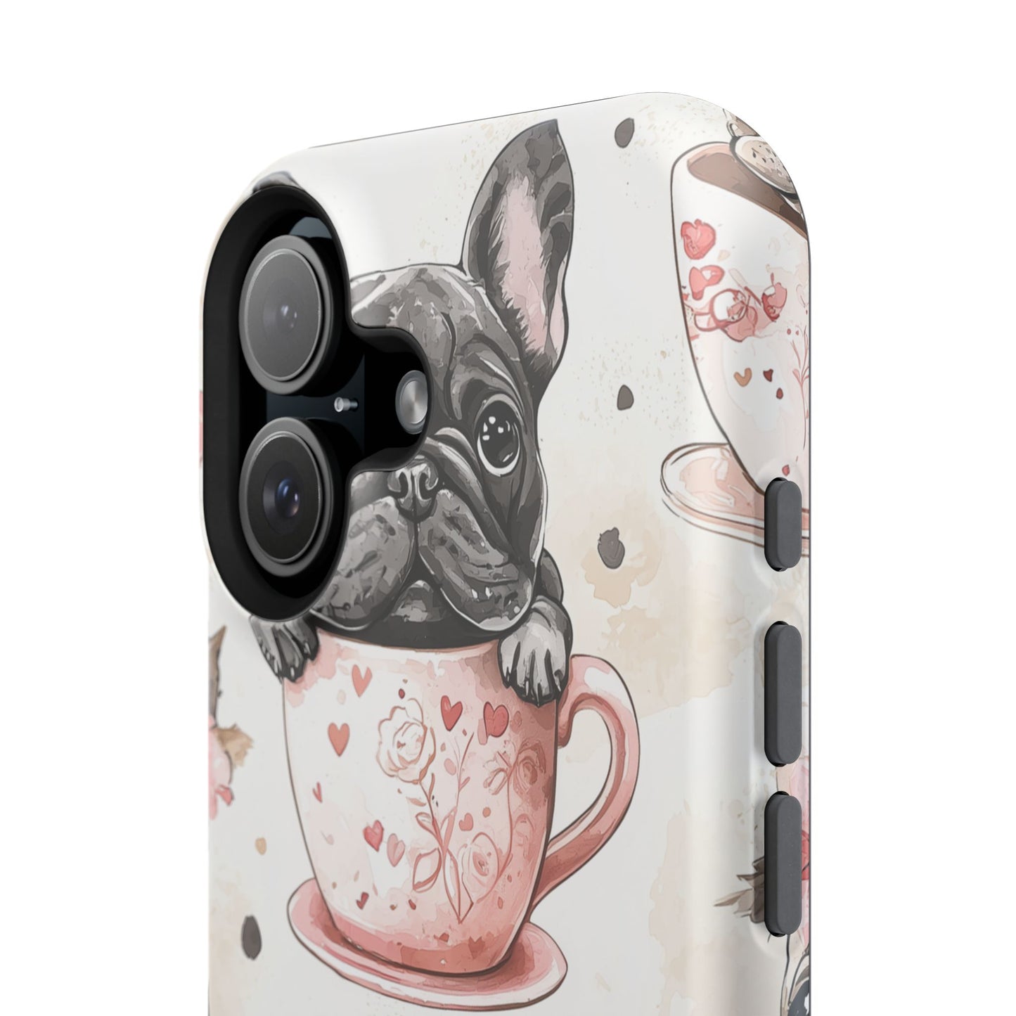 French Bulldogs in Teacups MagSafe iPhone Case – Cute Dog Design with Hearts & Bows, Shockproof & Slim