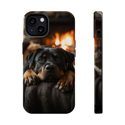 Cozy Rottweiler by the Fireplace MagSafe iPhone Case – Warm Rustic Design