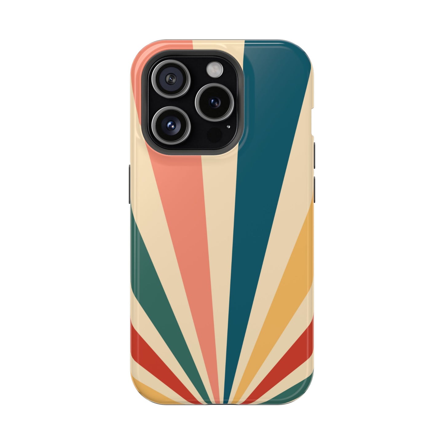 Retro Sunbeam MagSafe iPhone Case – 70s-Inspired Radiating Stripes in Coral, Teal, and Mustard